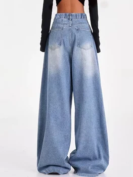 Vintage-washed blue American-style wide-leg straight-leg jeans for tween/teen girls – loose-fit, high-street casual long-length 1
