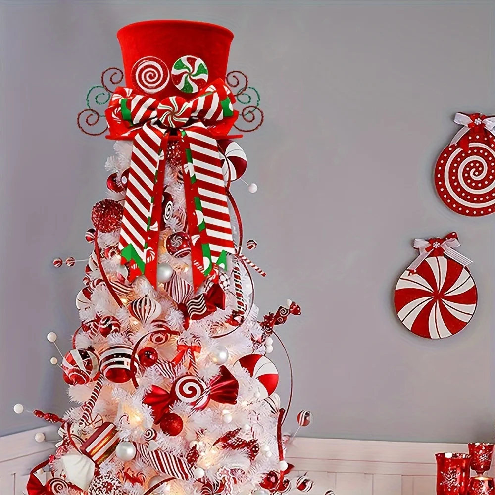 1 Christmas Tree Decoration Hat, Christmas Candy Cane Tree Top Decoration, with Red Hat and Mint Bow-Holiday Home Decoration,