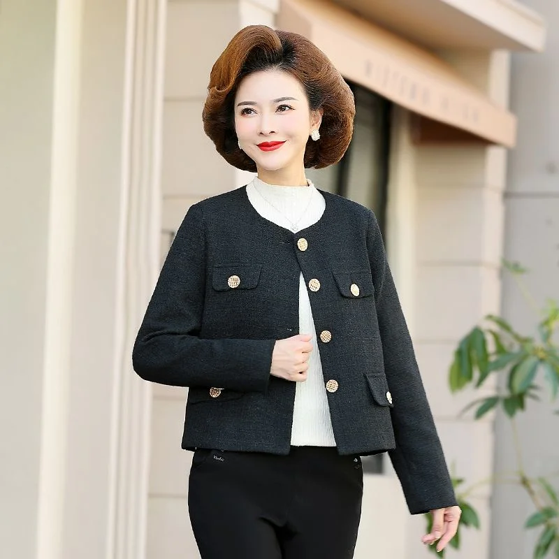 High End Small Fragrant Style for Middle-aged Elderly In 2023 Spring Autumn New  Round Neck Top Button Short Jacket Top Trend