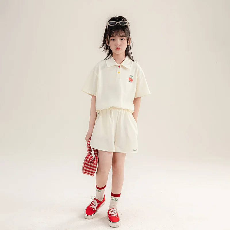 

2024 Korean Summer Children Girl Tracksuit Teenager Girl Cherry Polo Shirt Short Sleeve Tops+Solid Shorts Students Clothes Sets