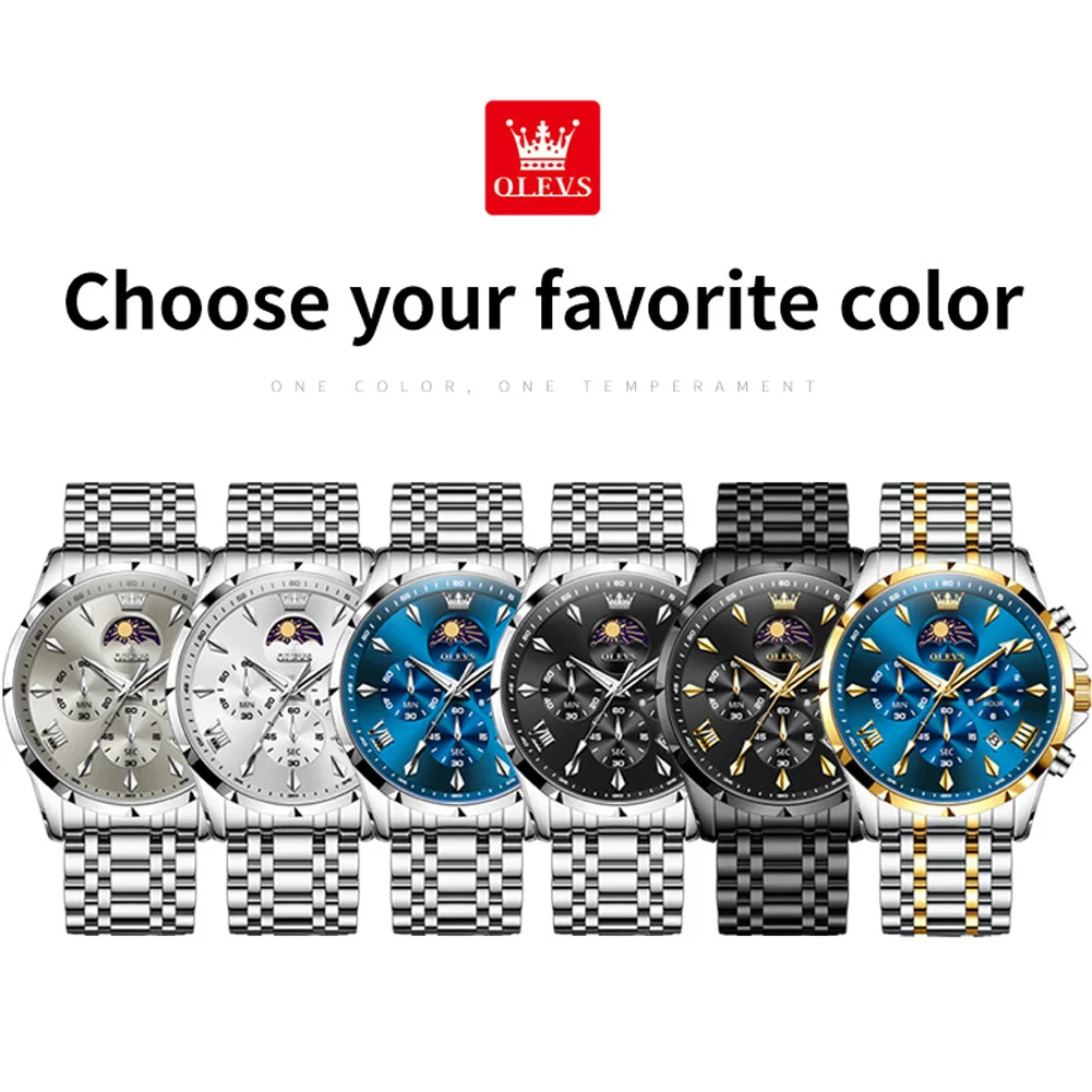 OLEVS 3653 Quartz Men's Watch 30M Waterproof Original Chronograph Watch For Men Top Brand Moon Phase Date Luminous Wristwatch