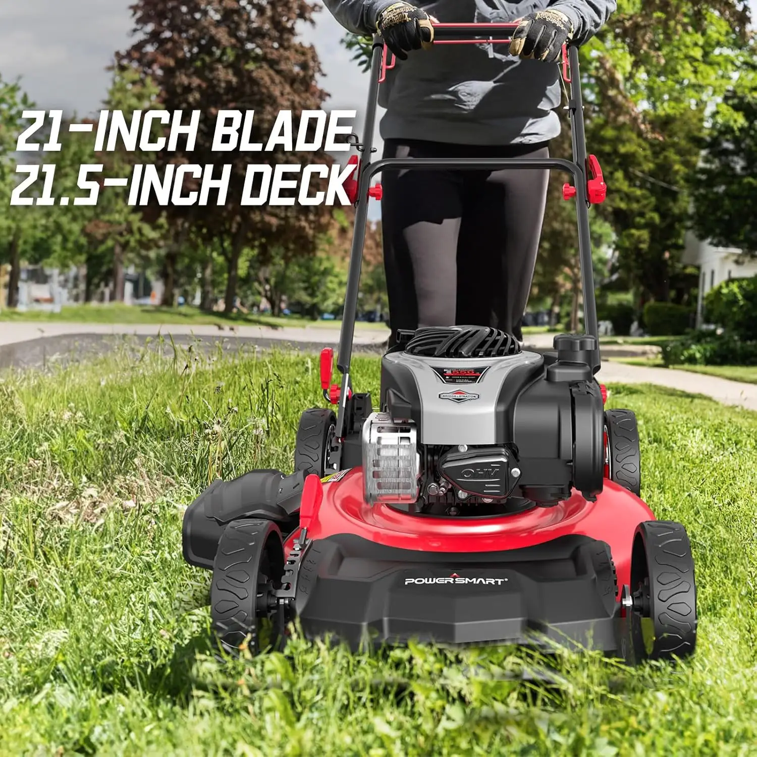 Self Propelled Gas Lawn Mower Engine 21 Inch Steel Deck 3 in 1 Mulch 6 Position Dual Lever Height Adjustment