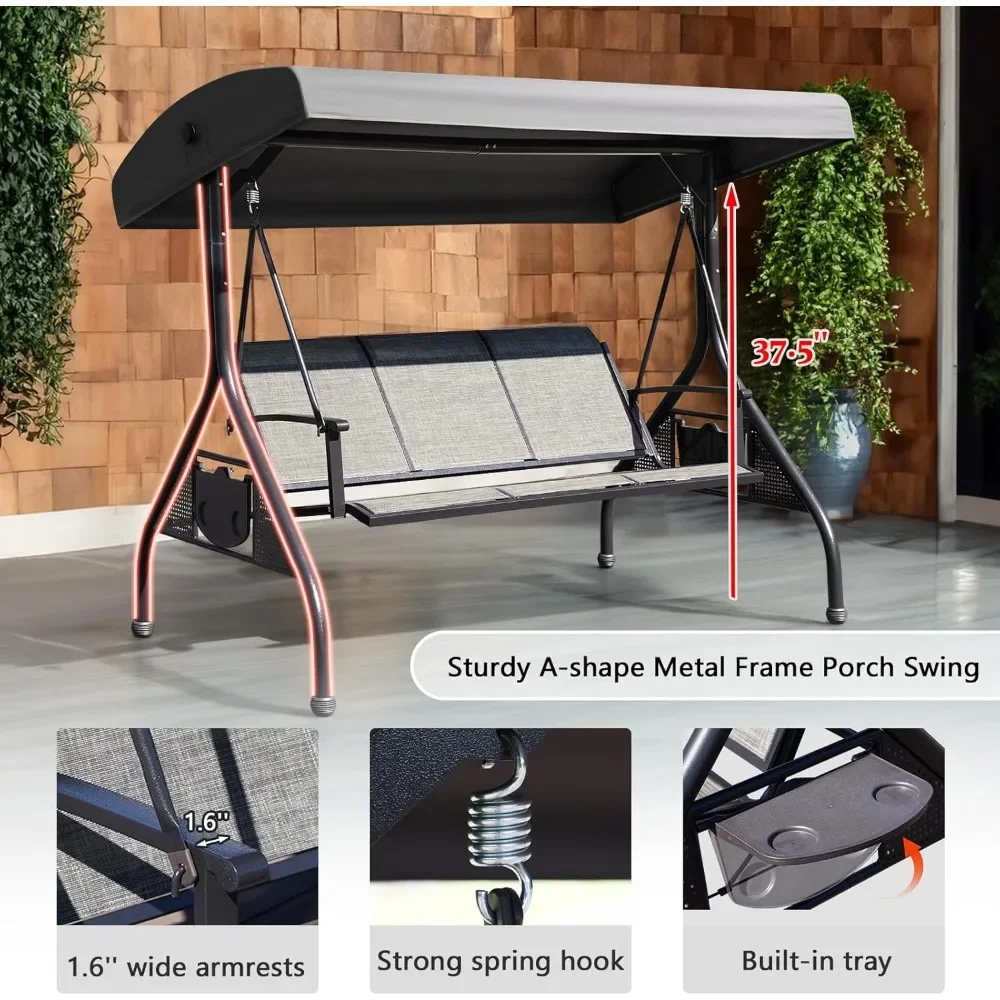 Outdoor Patio Swing with Adjustable Canopy, 3 Seat Outdoor Porch Swing with Cup Holders, Waterproof Textilene Swing Chair 4