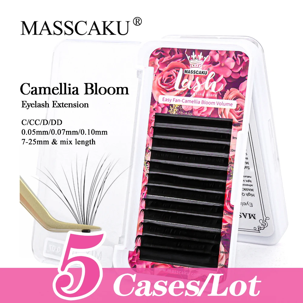 

MASSCAKU 5Cases/lot 12 Rows Auto Fanning Lashes Blooming Volume Cilio C/CC/D/DD Curl Rapid Flowering Soft Silk Eyelash Extension