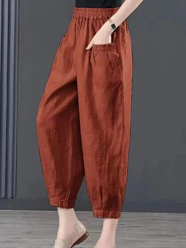 High Waist Ice Silk Cotton Linen Lantern Pants Women's Loose Harlan Pants Asymmetric Commute Sle Nine Points Summer 2025