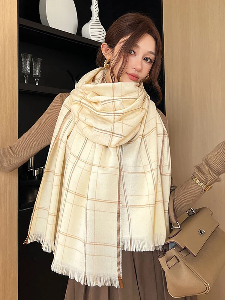 

Fashion Comfortable Minimalist Cashmere Versatile Lattice New Women Autumn Scarf Tassel Winter Thickened Warm Collar Long Shawl