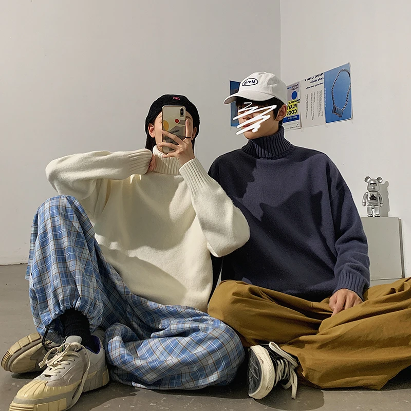 

Turtleneck Sweaters Unisex Solid Color Casual Knitted Pullovers Tops Autumn Winter Kintted Jersey Couple Harajuku Baggy Jumper