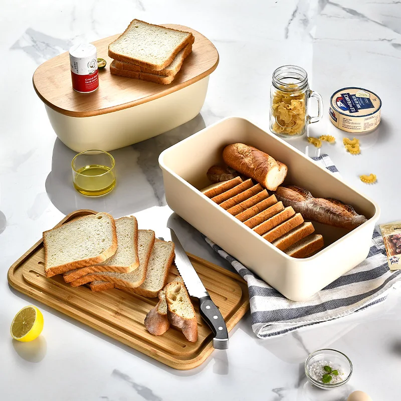 

Kitchen Baking Bread Containers with Wooden Lid Bread Toast Refrigerator Crisper Storage Box Large Capacity Food Container Boxes
