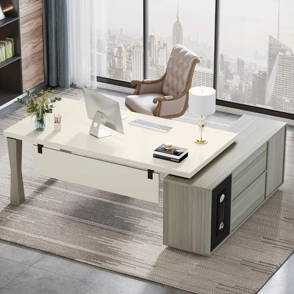 71-Inch Executive Desk, L-Shaped Desk with Cabinet, Large Office Desk with Storage Shelves, Writing Table Desk Business Furnitu 6