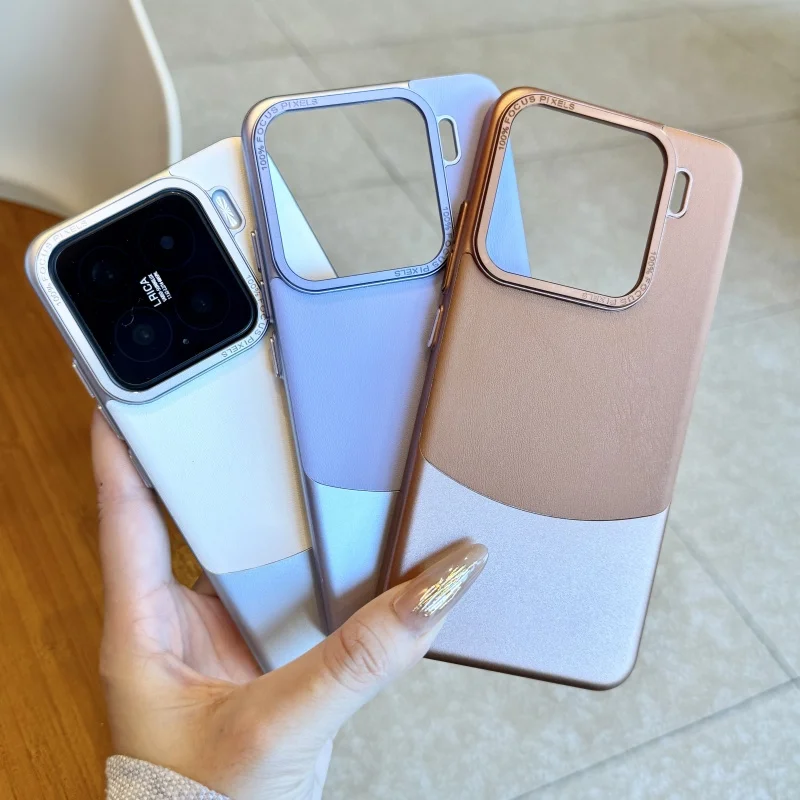 Luxury Double Color Plain Leather Matte Phone Case with Metal Lens Protection and Hybrid Shockproof Design