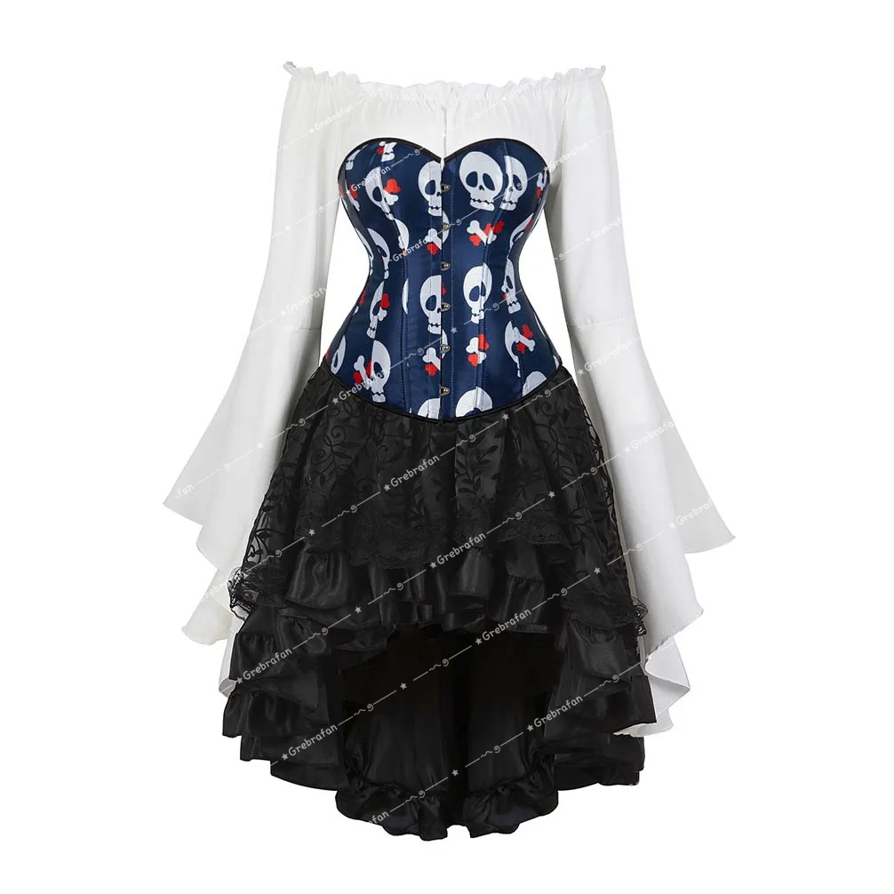 

Corsets with Tulle Skirt 3 Piece Set Burlesque Skull Print Bustiers Basque Corsage Skirts Outfits Plus Size Renaissance Costume