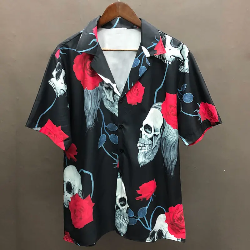 

2023 Skull Floral Pattern Shirt Short Sleeve Casual Men Shirt Streetwear 2023 Summer Camisa Fashion Masculina Shirt Moda Hombre