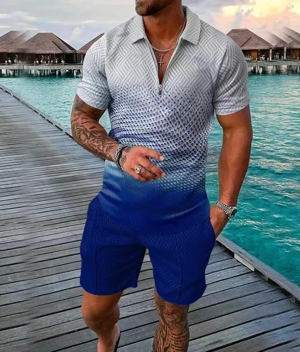 Spring and Summer Men's Suit Polyester Jacquard Craft  Casual  Fashion Blue Polo Shirt   Zipper Two Piece Set