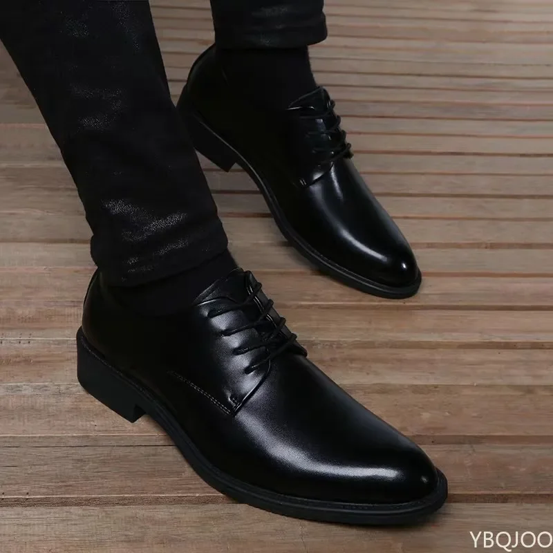 Breathable Lace Up Groom Wedding Shoes Men's Leather Shoe British Business Dress Pointe Toe Heigh Increasing Insole Non-Slip man