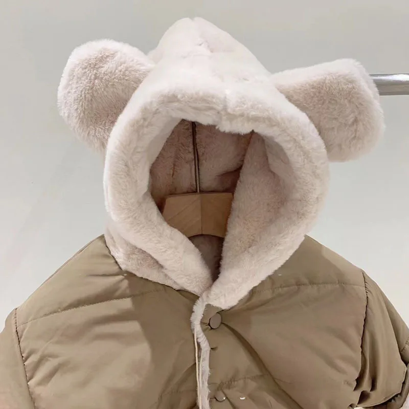 3729D Ins Korean Baby Coat Neutral Thickened Solid Color Coat Winter Warm Hooded Boy's Jacket Girl's Casual Bear