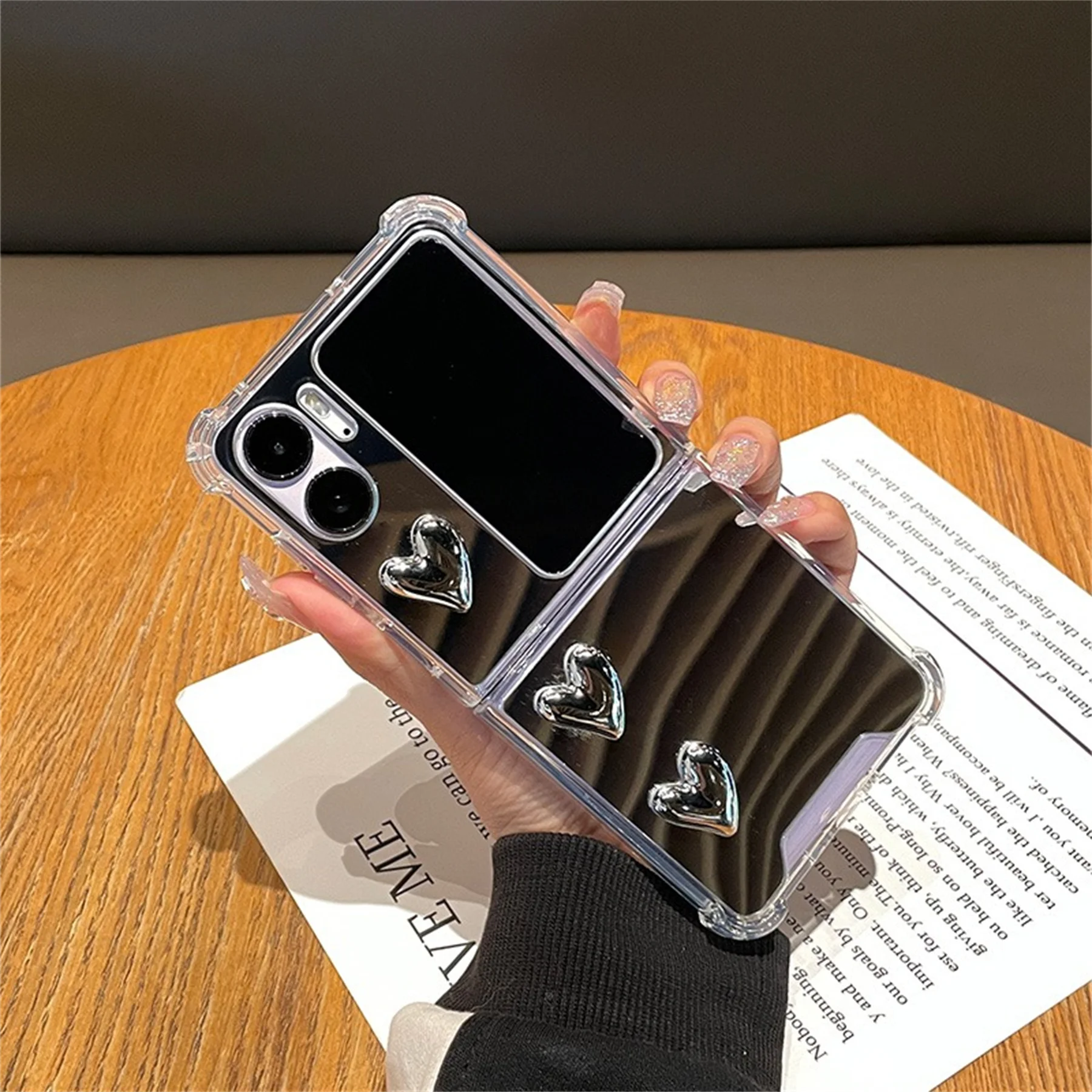 Fashion Glitter Sliver Love Heart Mirror Phone Case Per Oppo Find N2 Flip Findn2 Flip Finfind N2 Flip Cover Posteriore Antiurto