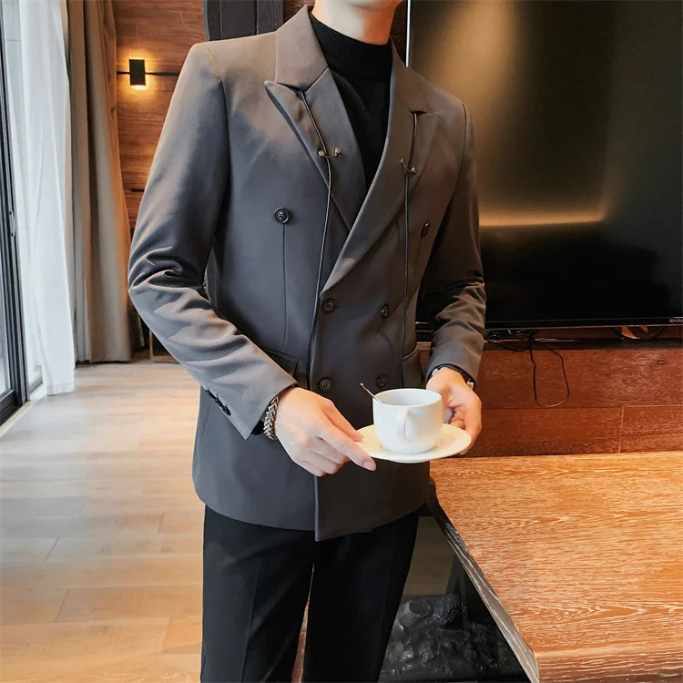 men's blazers Decorate Bandage Blazer Homme Fall Winter Mens Stylish Blazer British Fashion Double Breasted Solid Color Casual Suit Coat coat suit for men