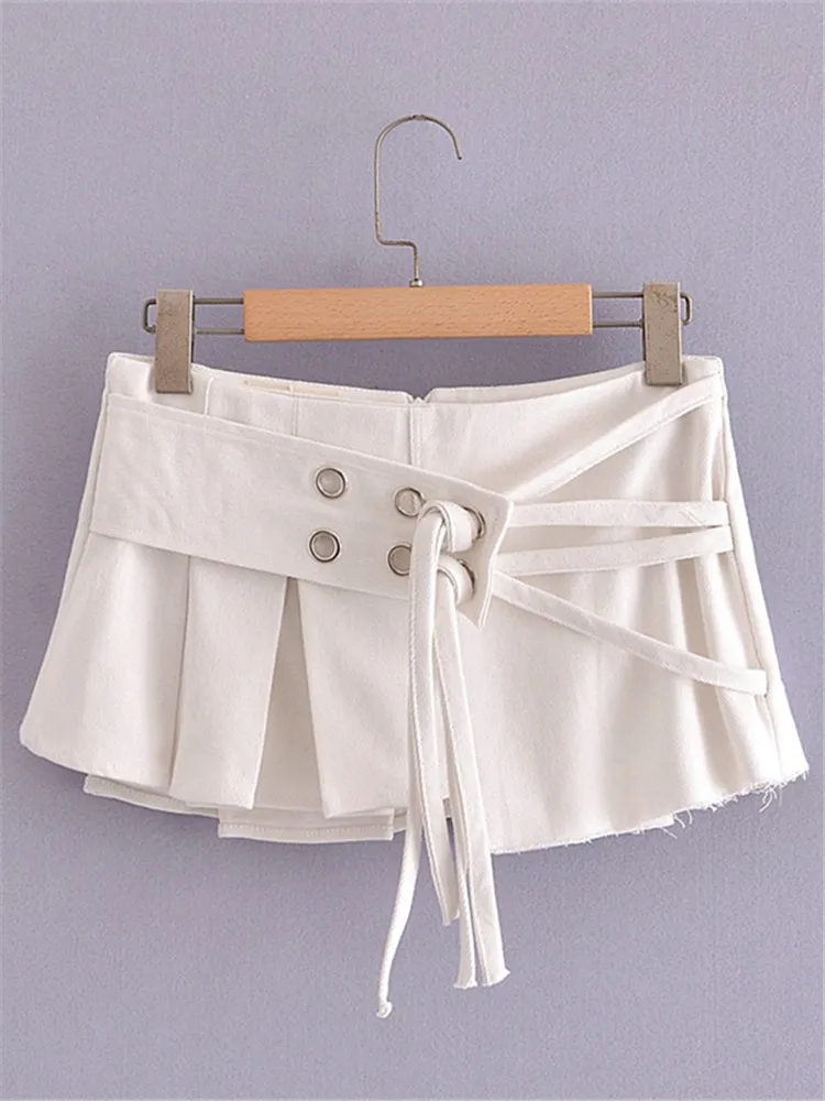 

Women's Skirt Eyelets And Irregular Straps At Waist White Miniskirt Short Skirt With Double Layer Skirt And Anti-Exposure Design