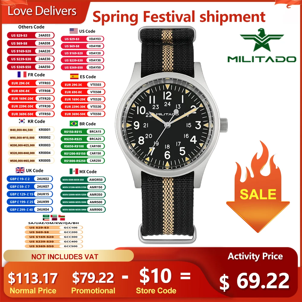 Militado 36Mm Field Military Watch Vh31 Sweep Secondo Movimento Al Quarzo Impermeabile 100M Domed Sapphire Crystal Orologio Da Polso Luminoso