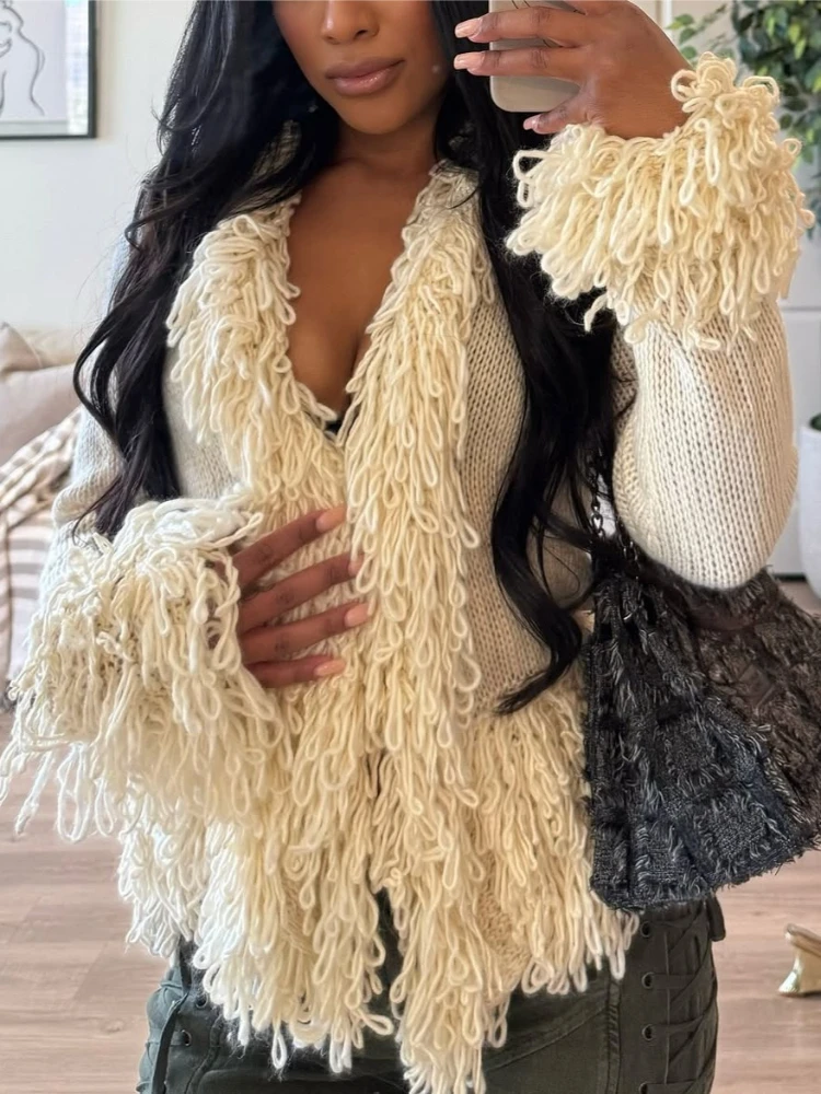 Joskaa Vintage Fringe Sweater Jackets Women Hipster Sexy Long
