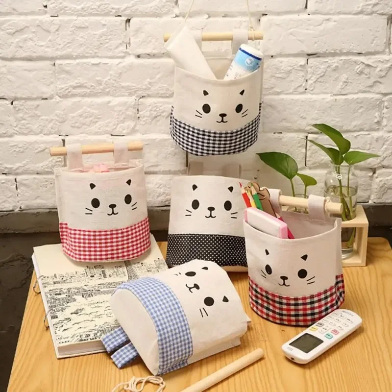 Home Kitchen Door Wall Hanging Organizer Pocket Bag Sundries Storage Holder Cat Decor Cotton Flax Wall Pouch with Lanyard