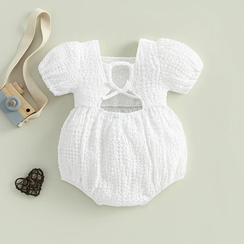 FOCUSNORM 4 Colors 0-18M Lovely Baby Girls Bubble Romper Short Puff Sleeve Square Neck Backless Newborn Playsuit baby rompers baby jumpsuit baby clothing