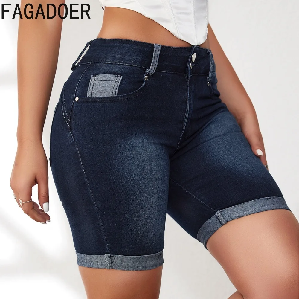 FAGADOER Dark Blue Summer High Quality Elastic Denim Shorts Women High Waisted Button Pocket Skinny Shorts Casual Cowboy Bottoms