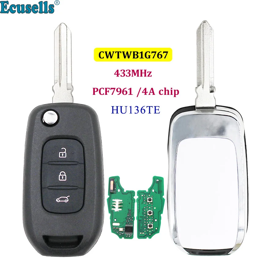 

Дистанционный ключ Ecusells с 3 кнопками, чип PCF7961 4A для Renault Kadjar Captur Megane 3 Symbol 2013-2017 433 МГц CWTWB1G767 HU136TE
