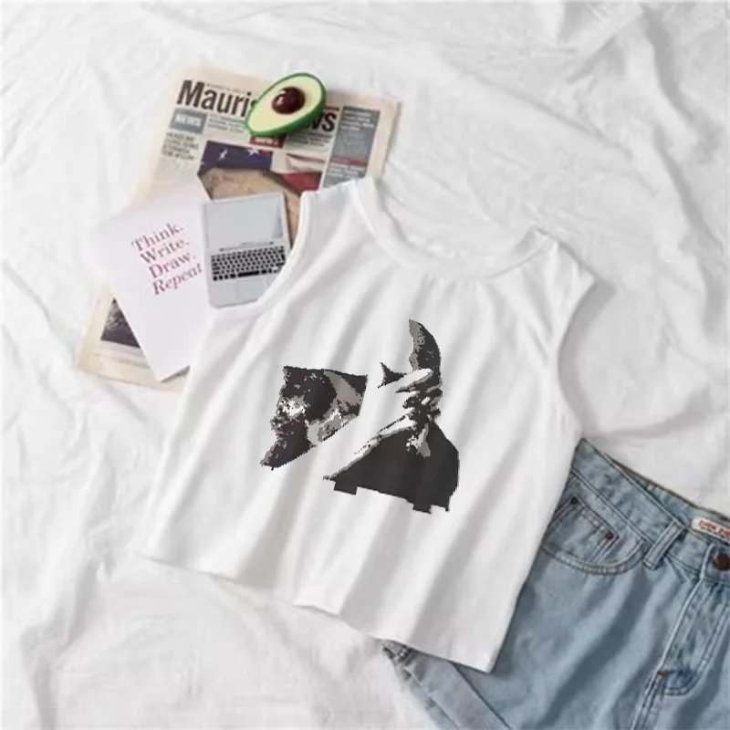 여름 섹시 화이트 크롭탑 Y2K 커버 얼굴 초상화 그래픽 프린트 탱크탑 2000년대 여성 패션 하라주쿠 민소매 조끼 Best5