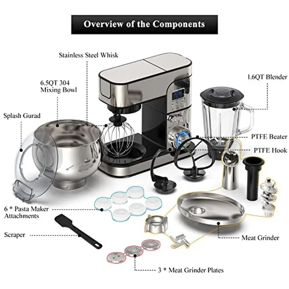 6-in-1 LCD Display Kitchen Electric Mixer 6.5QT Stainless Steel Bowl Multi-Function Mixer Dough Blender Meat Grinder Pasta 2