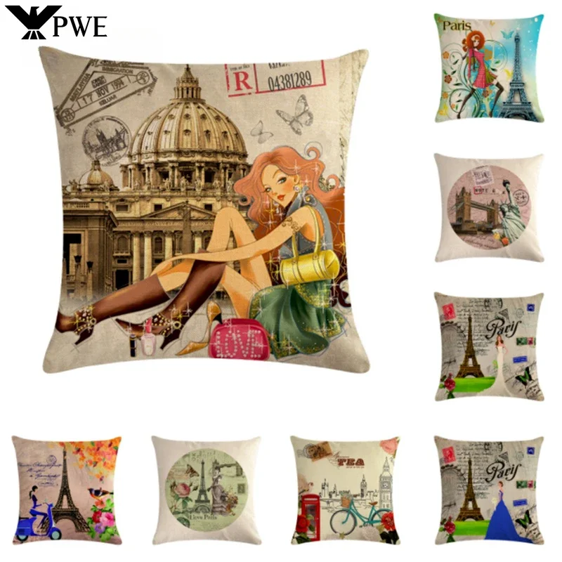 

Retro Bike Beautiful Woman Linen Pillowcase Bedroom Car Cushion Cover 45*45cm Furniture Sofa Chair Decorative Pillowcase