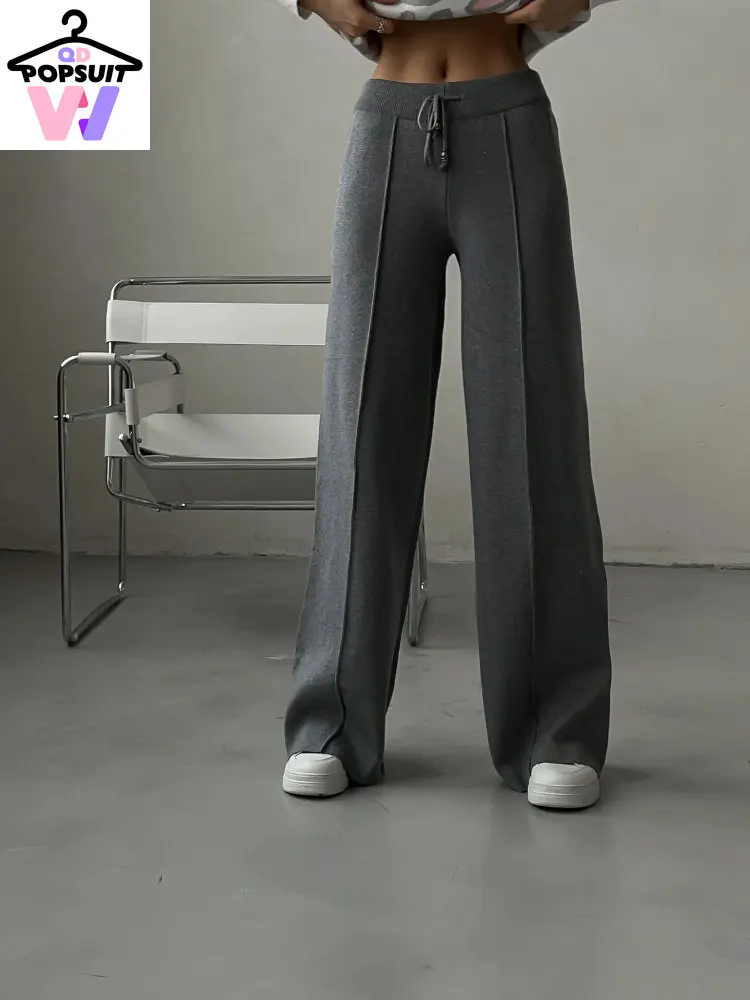 

Women's Pants New In Autumn Winter Fashion Casual Loose Pleat Elastic High Waist Wide-leg Lace-Up Streetwear Warm Knitted Pants