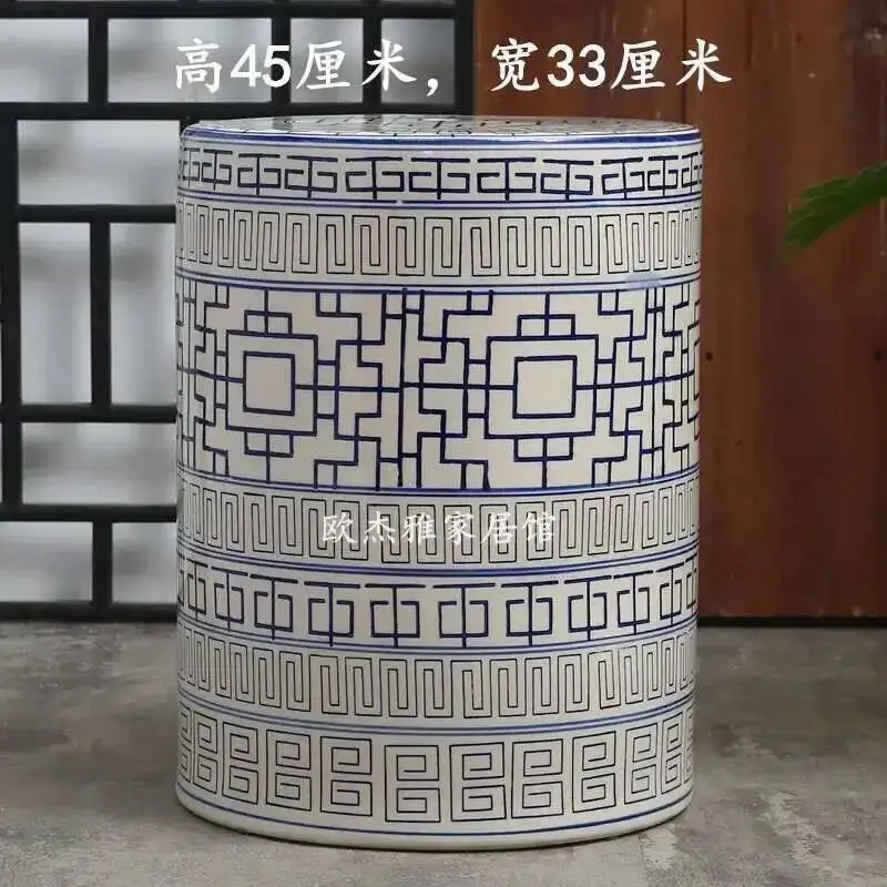 White Porcelain and Drawn Blue Shoe Hand Changing Stool Ceramic Drum Bathroom Neoclassical Imitation Sitting Stool Low Round