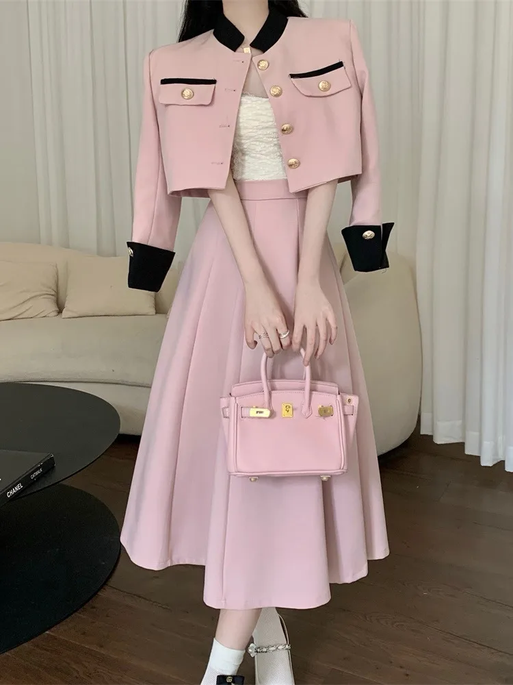 

High Quality Small Fragrance Two Set Women Short Jacket Coat + Long Skirt Suits Korean Elegant Fashion OL 2 Piece Sets