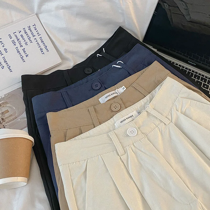 하이 웨이스트 심플 패션 캐주얼 팬츠 퓨어 컬러 여성 와이드 레그 롱 트라우저 레트로 슬리밍 여름 신상품