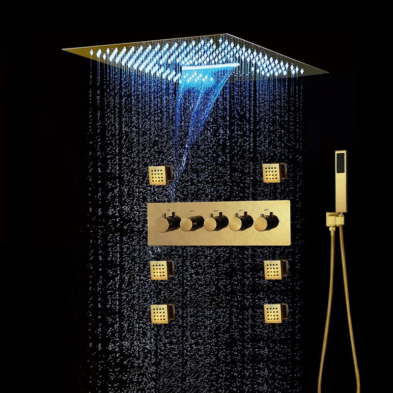 

Thermostatic Rain Shower System Rose /Brushed/Polished Gold Embedded Ceiling LED Music Speaker Shower Head for Bathroom Diverter