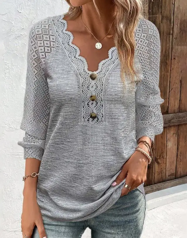 

Woman Lace Patch V-Neck Buttoned Top Spring/Summer New 2023 Solid Color Long Sleeve Daily Style Top Female Pullover
