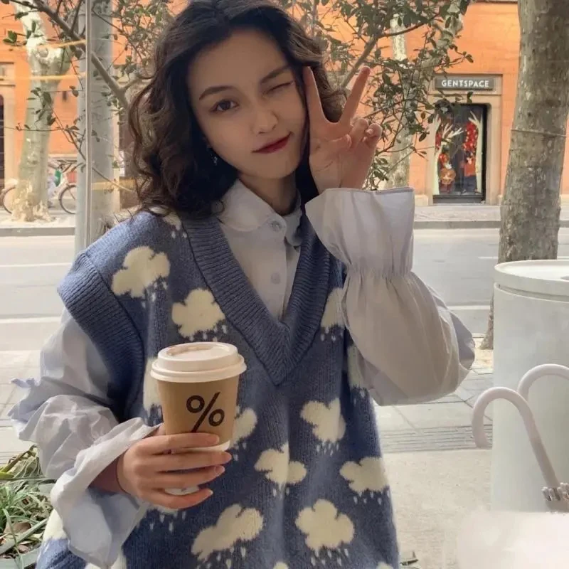 

Preppy Style Blue V-Neck Knitted Sweater Vest Women 2023 Spring Autumn Cloud Print Top Woman Vintage Thin Loose Knit Coat Female