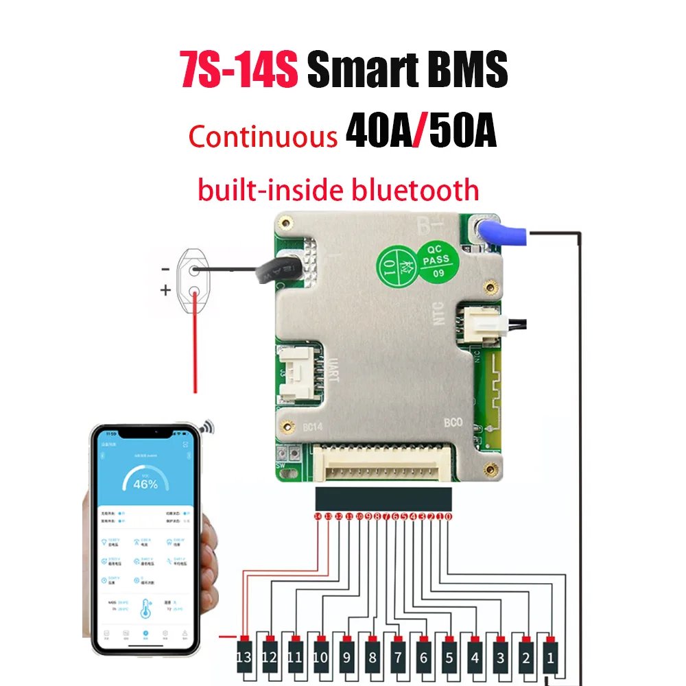 JBD 내장 BT 스마트 BMS 리튬 이온 LiFePo4 24V 36V 48V 7S 8S 9S 10S 11S 12S 13S 14S 40A 50A BMS UART 밸런스 기능 포함