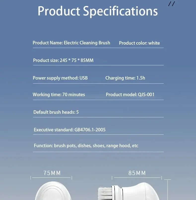 Powerful Wireless Cleaning Brush USB Rechargeable 5 Heads Effortless Scrub