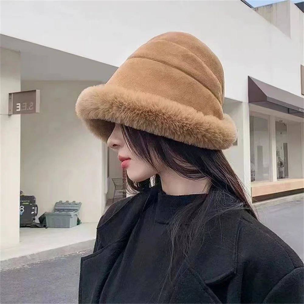 

Winter Lamb Fleece Bucket Hat Women's Plush Thieken Warm Cold Protection Panama Hat Solid Color Fluffy Fashion Fisherman Cap