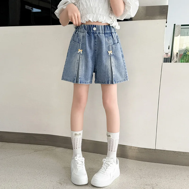 새로운 패션 여름 소녀 반바지 청바지 활 장식 데님 바지 4-14 세 십대 어린이 어린이 야외 짧은 바지
