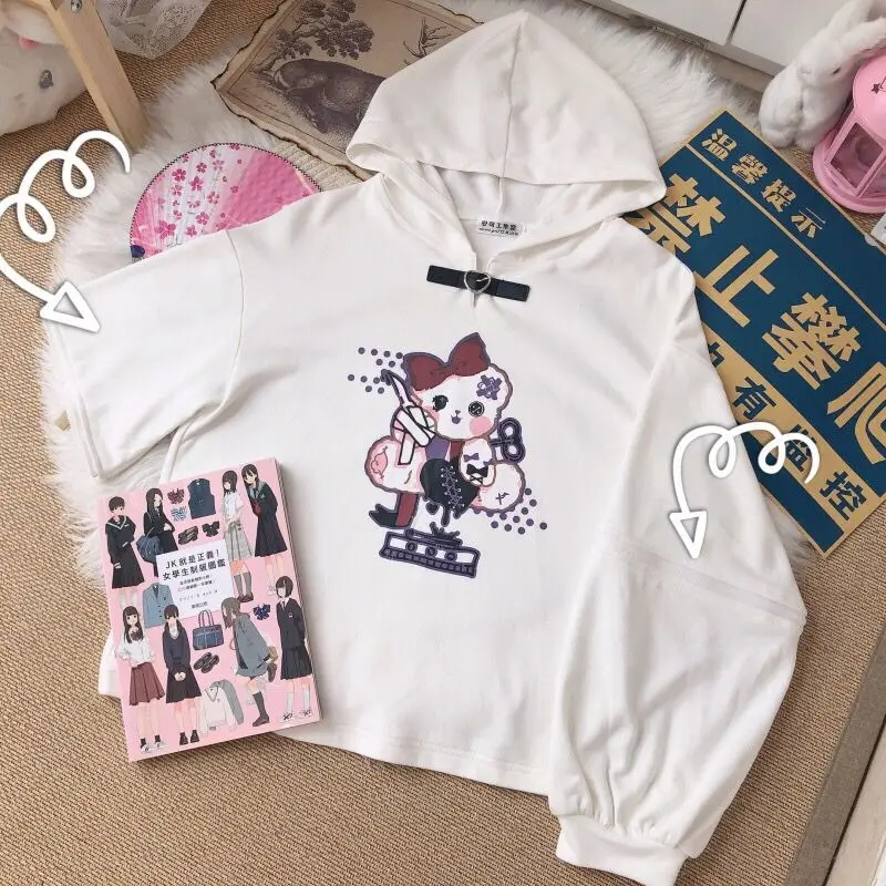Autumn Sleeves Detachable Bear Print Pullover Hooded Sweatshirt Sweet Women Kawaii Buckle Neck Hoody Teenager Girl Outwear