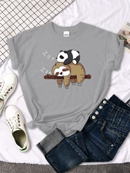 Panda & Sloth Graphic Women's Oversized Round Neck T - Shirt - S (Gray)