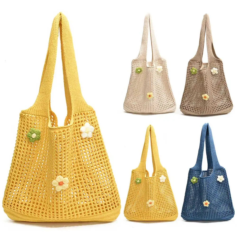 Knitted Tote Bag Woven Hobo Handbag with Flower Decor for Women