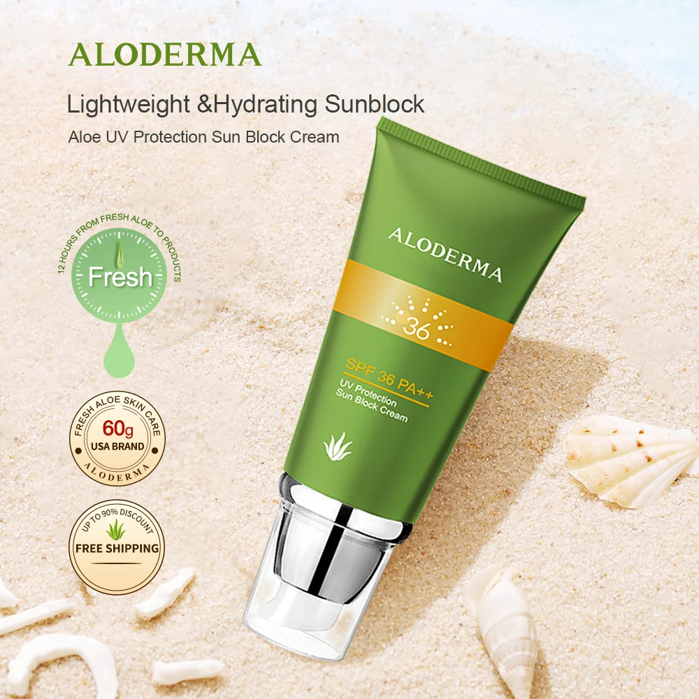 ALODERMA Aloe UV Protection Sun Block Cream SPF36 PA++ Isolation Sunscreen For Face Natural Botanical Ingredients Clear Skin 60g 8pack zipper pockets 7size zipper file bags with grid travel as multipurpose organizer clear mesh weatherproof protection