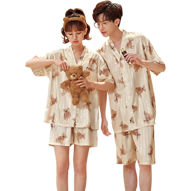 Cartoon Bear Adult Pajama Sets Women Men Sleepwear V-Neck Silk Cloth Home Clothes Short Sleeve Couple Korean Loose Pyjama