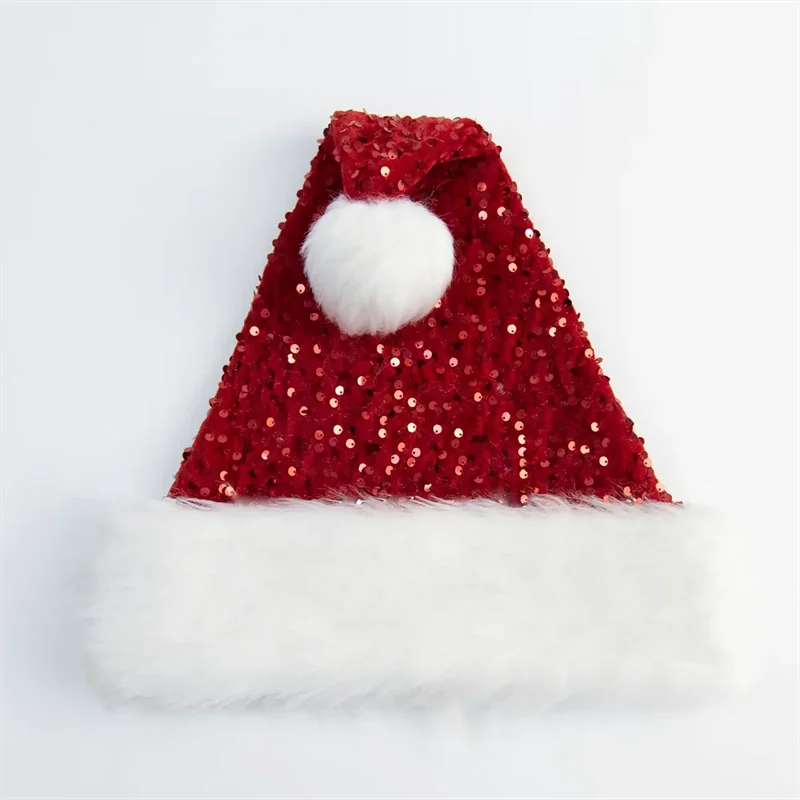 Shiny Sequined New Year Christmas Hat Double-layer Red Santa Claus Caps Plush Fluffy Pompom Xmas Party Beanie Santa Cap Snowman christmas beanie hat