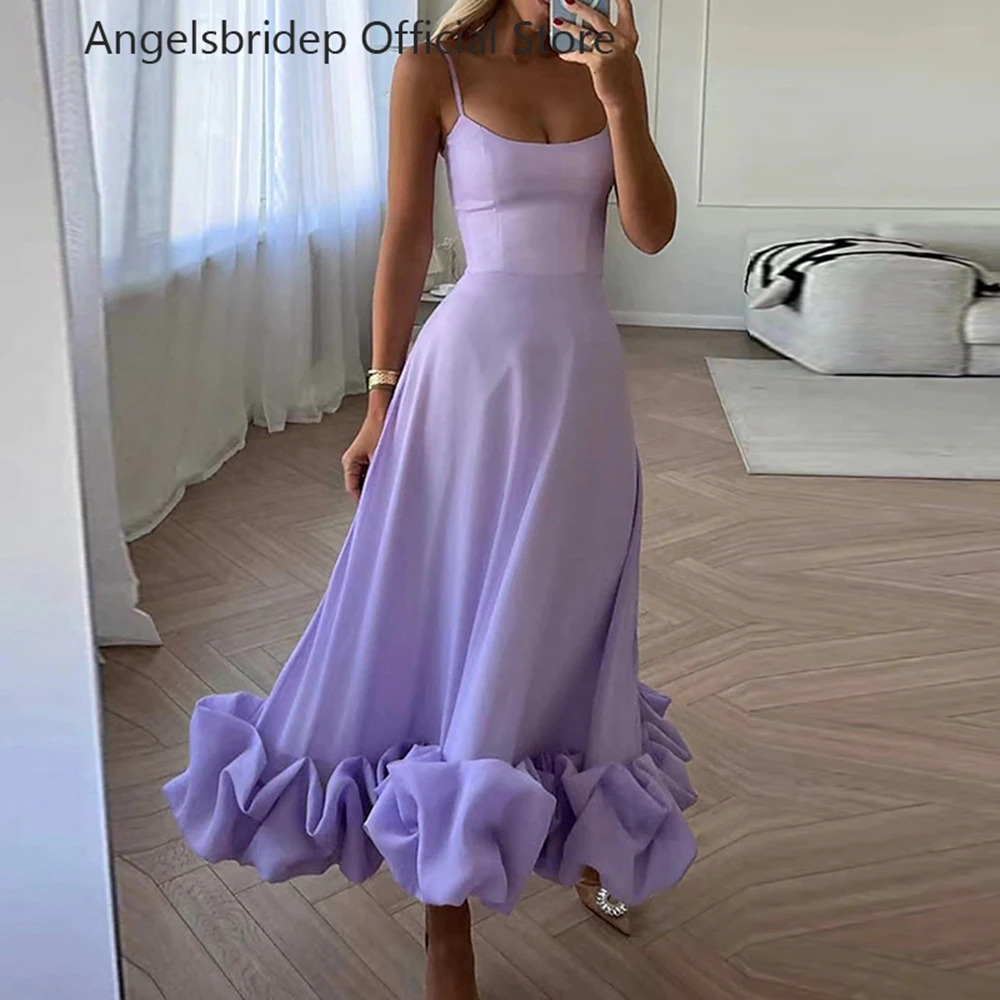 

Angelsbridep Evening Dresses Spaghetti Straps Taffeat A-line Prom Gowns With Ruffles Lilac Ankle Length Celebrity Party Dresses