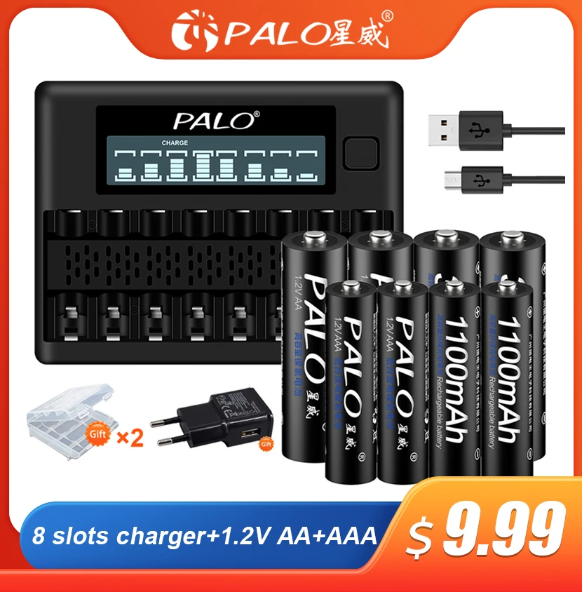 Palo 1.2 V Aa + Aaa Batteria Ricaricabile 3000Mah Nimh Batterie Aa 1100Mah Batteria Aaa + 8 Slot 1.2 V Caricabatteria Aa Aaa